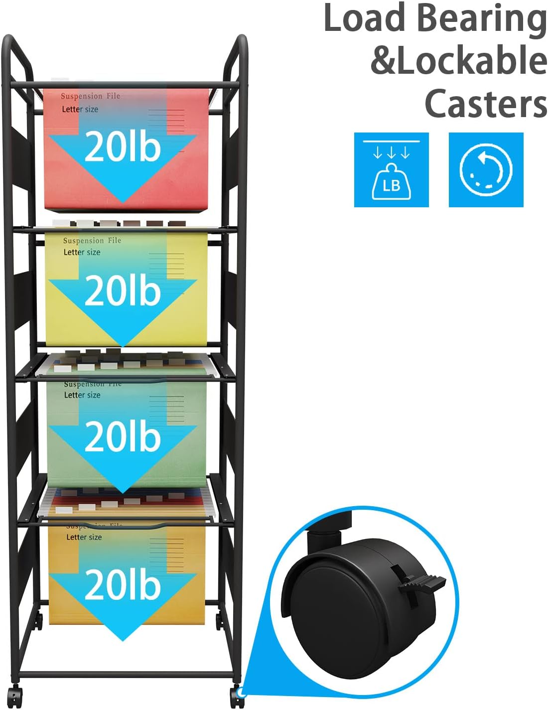 PUNCIA 4 Tiers Metal Rolling File Carts with Wheels Hanging Files for Letter Size Movable Pull-Out File Folder Rack Drawer File Cabinet for Home Office