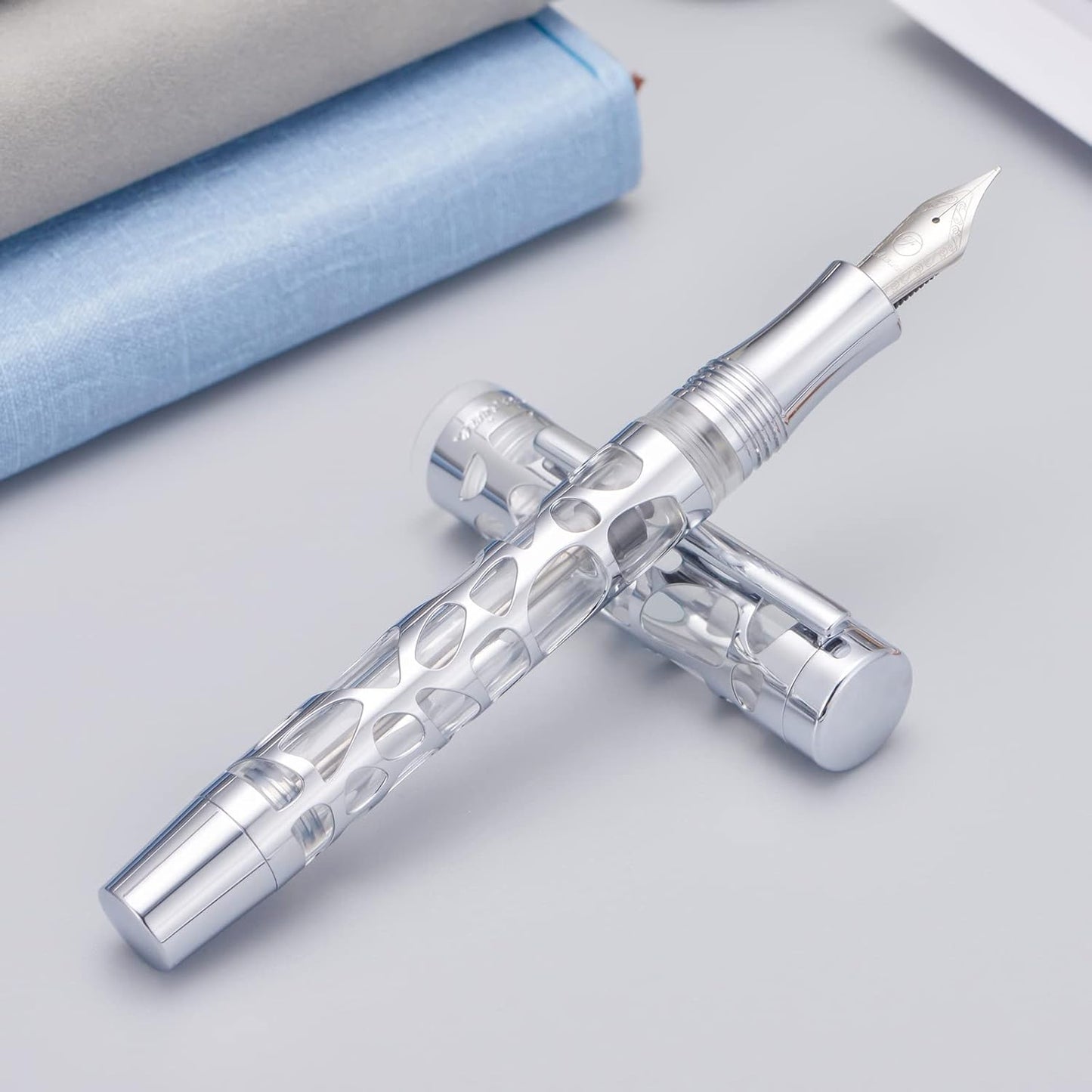 Asvine V169 Vacuum Filling Fountain Pen Extra Fine Nib, Water Drop Skeleton Transparent Clear Acrylic Pen Case Set
