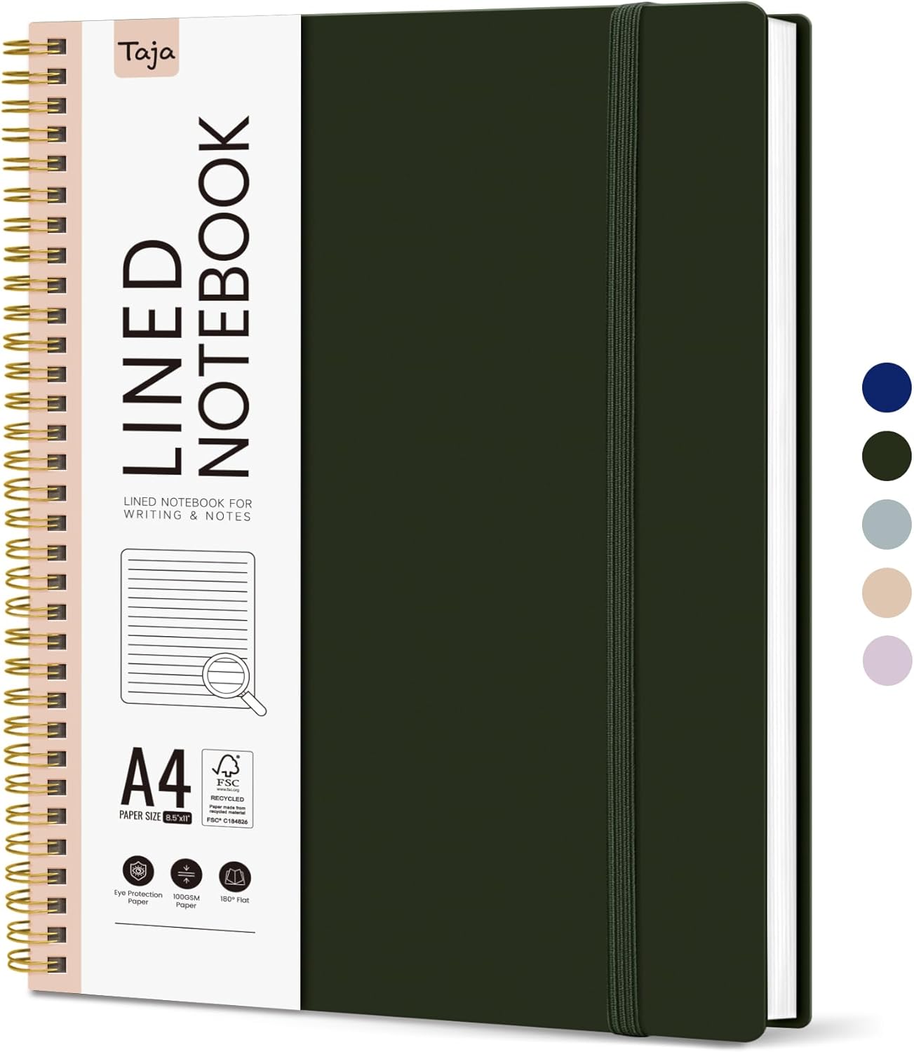 Taja Spiral Lined Notebook, 8.5"x11" Notebooks for Work, Large A4 Journal for Women & Men, College Ruled Journaling Notebook for Writing, Plastic Cover Spiral Journal, Olive