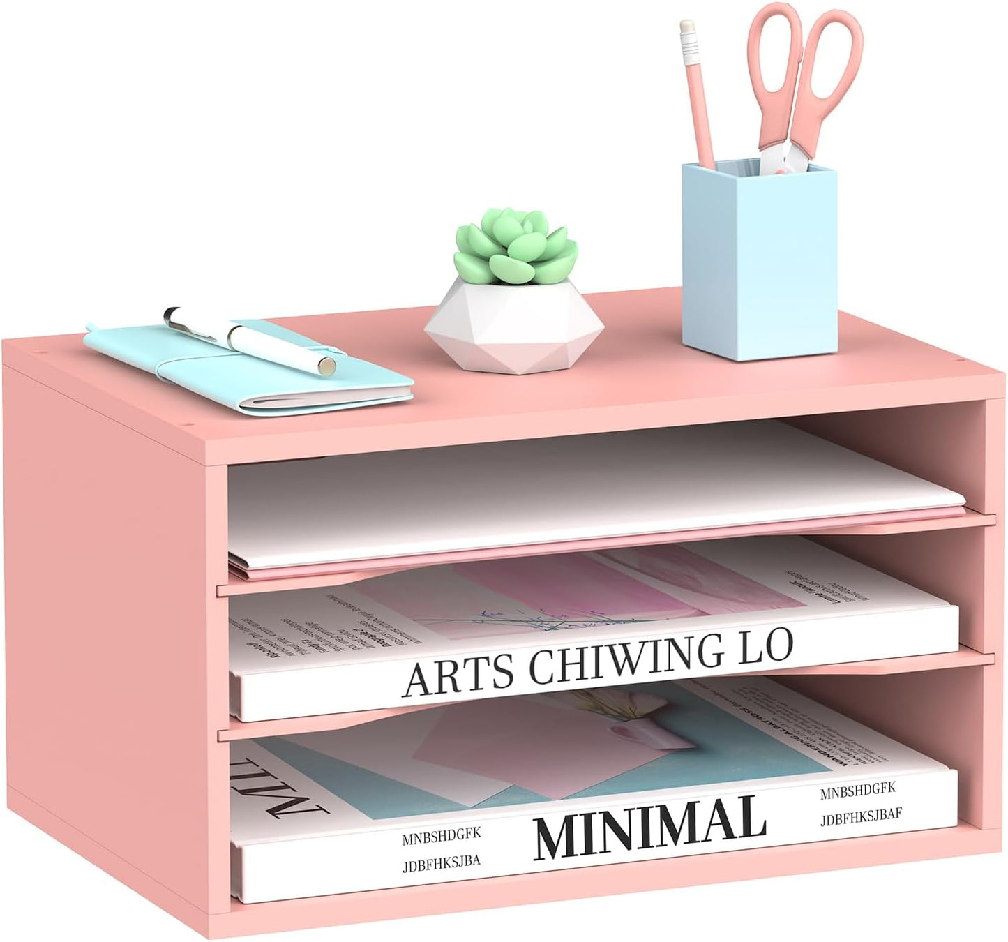 SUPEASY Wood Desk Organizer, 3 Tier Paper File Organizer for Desk, Wooden Desktop Organizer, Paper Letter Literature Mail Sorter, for Office School & Home Organization, Pink