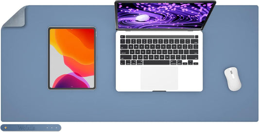 Faux Leather Desk Pad Blotter,Water and Slip Resistant Writing Desk Protector Mat,Blue Large Mouse Pad for Desktop/Office Home Table Cover,36x17 in