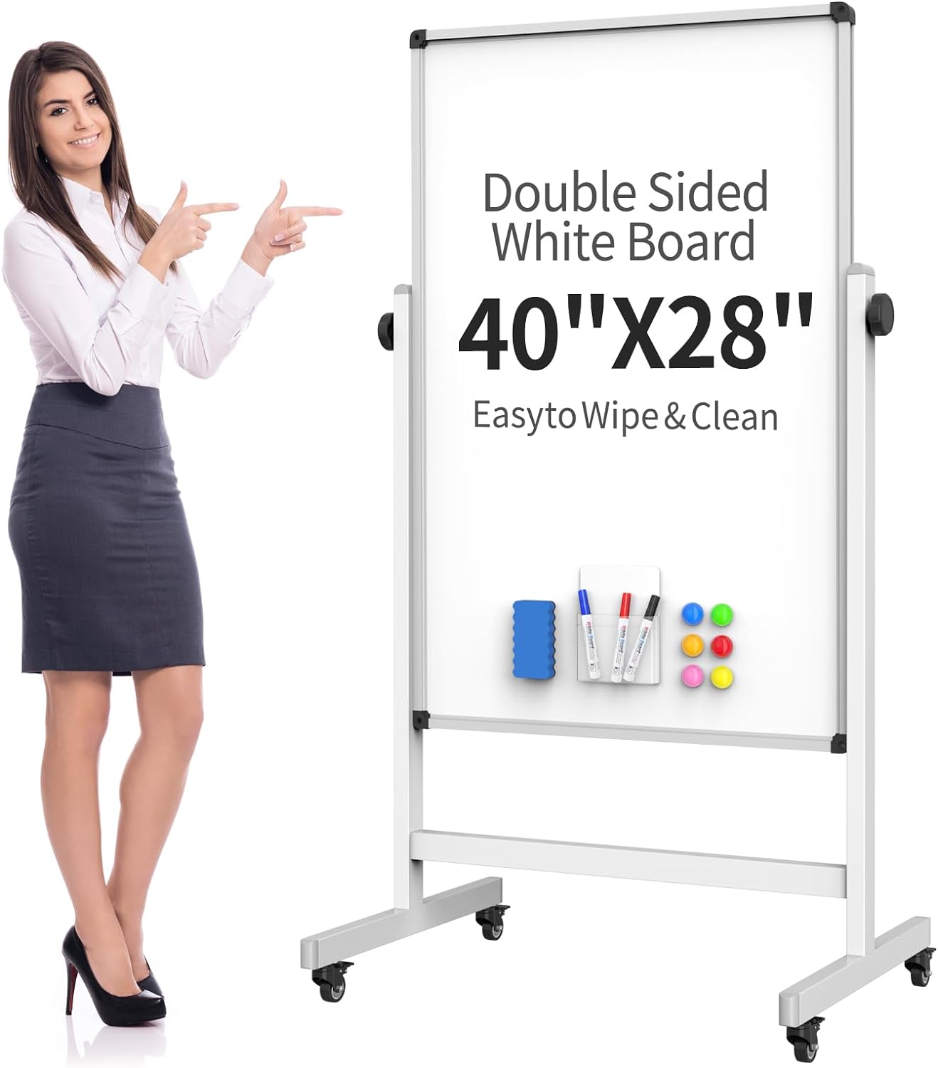 40x28 Inches Mobile Whiteboard, Double Sided Magnetic Dry Erase Board Height Adjustable Whiteboard with Stand for Home Office Classroom
