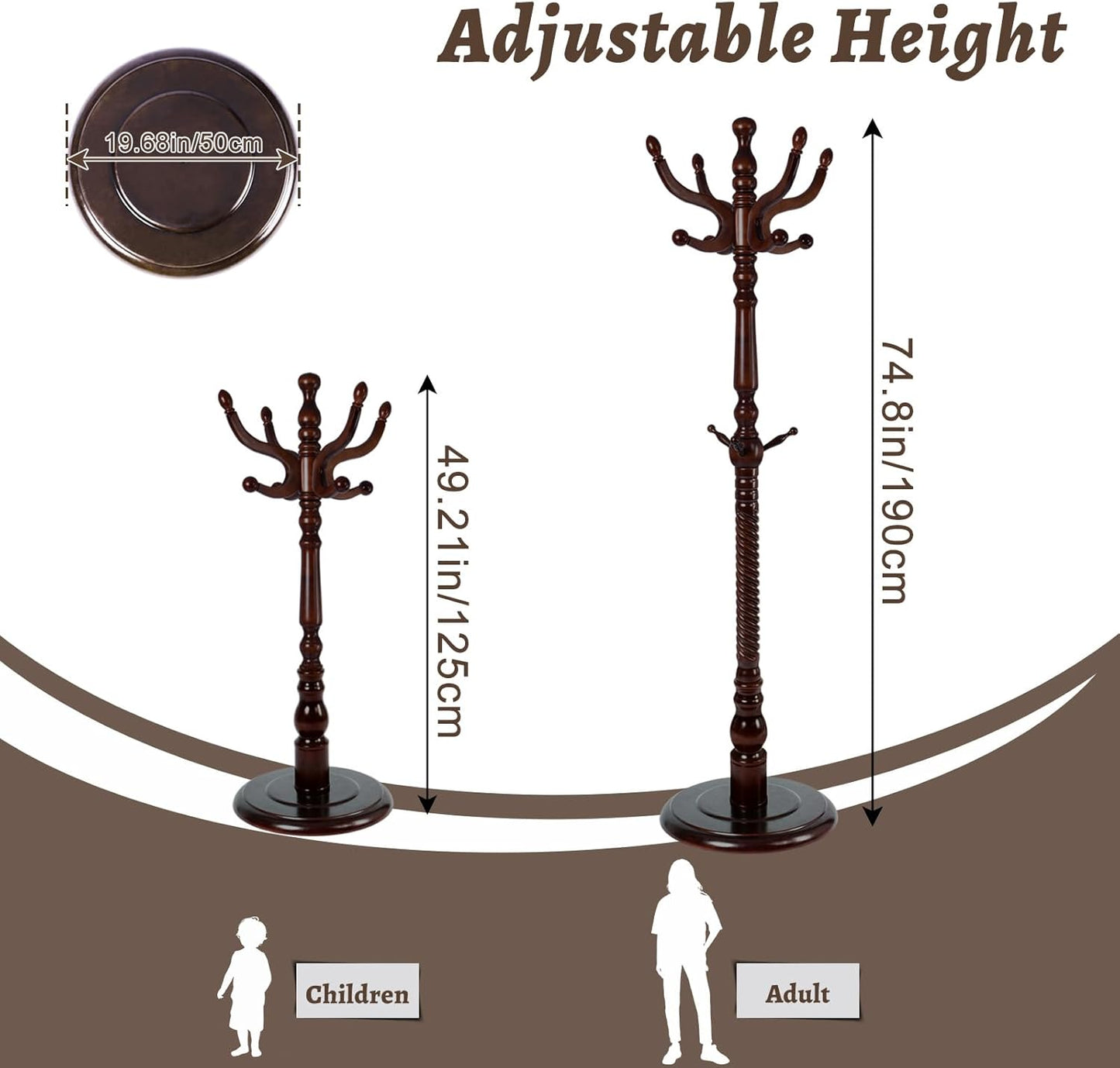 Wooden Coat Rack Freestanding with Resin Hooks, Adjustable Heavy Duty Stand for Hanging Coats, Bags, Hats, and Umbrellas in Living Room, Bedroom, Entryway (Antique color)