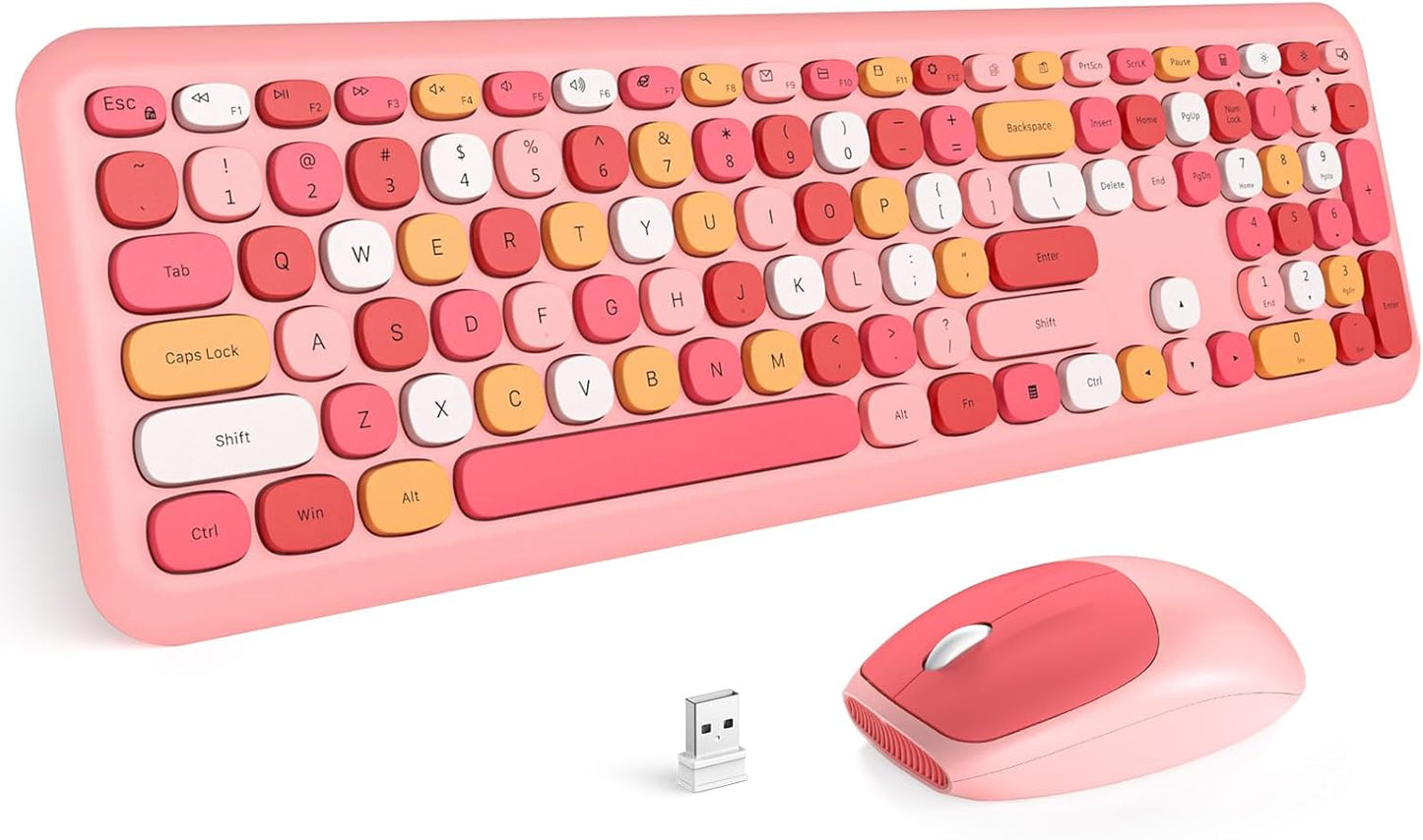 MOFII Wireless Keyboard and Mouse Combo, Colorful Full Size Keyboard with Number Pad, Silent Cute Wireless Mouse, 2.4GHz Dropout-Free Connection, for PC Laptop Computer (Pink Color)