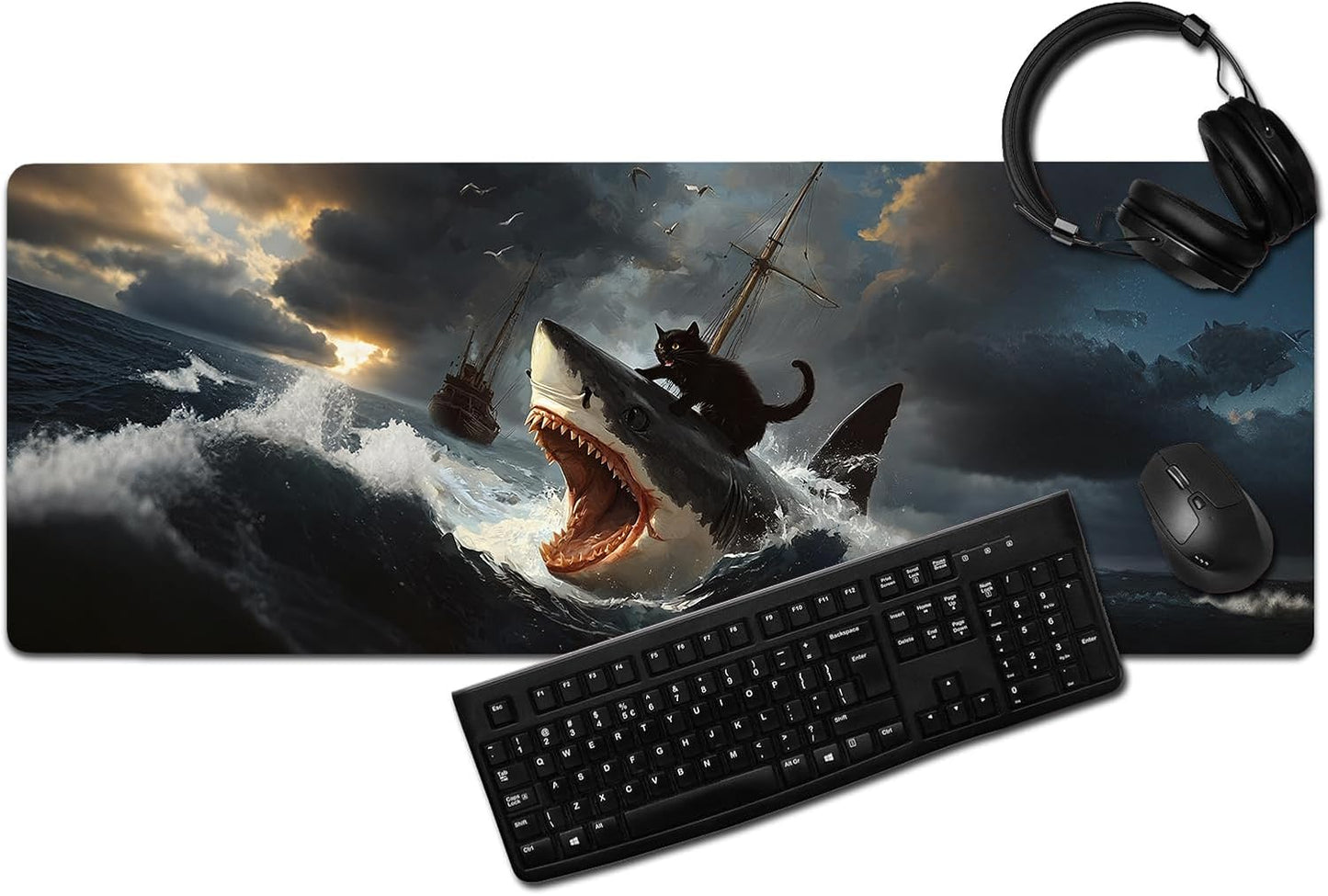 Funny Black Cat Mouse Pad, Abstract Quirky Cat and Shark Mousepad - Large Non-Slip Desk Mat for Office, PC & Laptop - 31.5"x11.8" x 3mm