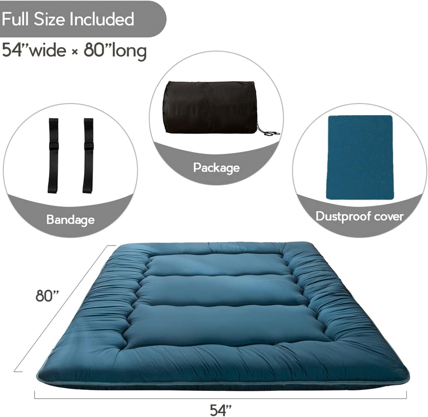 MAXYOYO Japanese Floor Mattress Futon Mattress, Thicken Sleeping Pad Foldable Roll Up Floor Futon for Adults Tatami Mat Dormitory Bed Lounger, Bluestone, Full Size