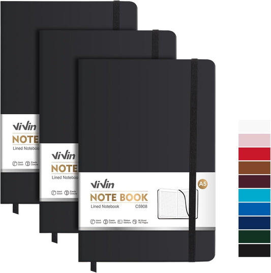 ViVin Lined Journal Notebooks for Work, 192 Pages, Medium 5.5 x 8.3 inch, College Ruled, A5 Hardcover Journaling Notebooks for Work, 3 Pack Bulk