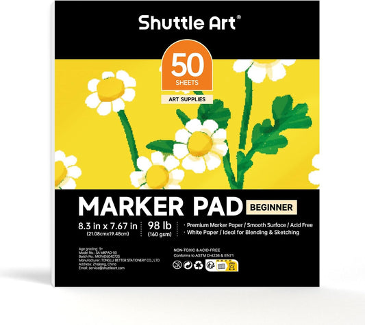 Shuttle Art Marker Pad, 8.3”x7.67” Portable Square Sketchbook, 50 Sheets Marker Drawing Paper, 98LB/160GSM Smooth Surface Bleedproof Art Paper, Glue-Bound, Great for Beginners to Draw, Paint & Sketch