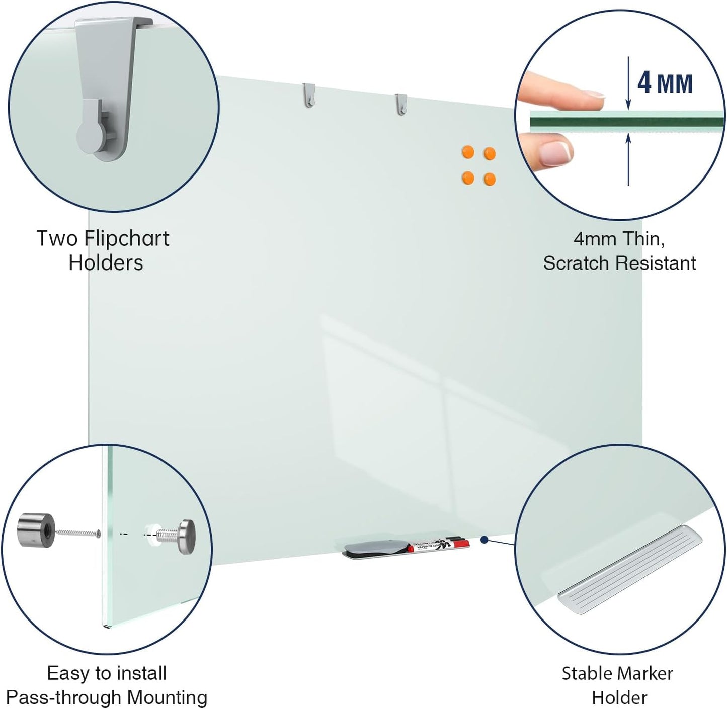 TSJ OFFICE Glass Dry-Erase Board - 48 x 30 Inches Wall Mounted Magnetic Whiteboard, Large Frameless Glass White Board for Office, Home & School