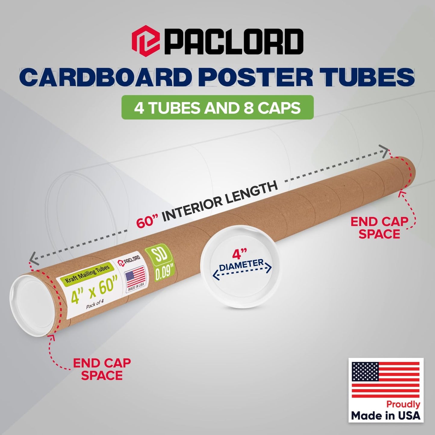 4" x 60" Reinforced Kraft Paper Mailing Tube, Pack of 4 Tubes with 8 Caps – Secure USPS Approved Poster Tube – Cardboard Tube for Shipping and Storing Posters, Prints, Artwork, or Documents