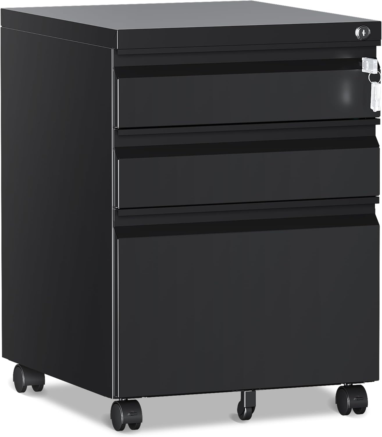 3 Drawer File Cabinet，Mobile Filing Cabinet with Lock and Wheels，Fully Assembled Metal Under Desk File Cabinets for A4/Letter/Legal Size（Black