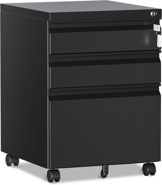 3 Drawer File Cabinet，Mobile Filing Cabinet with Lock and Wheels，Fully Assembled Metal Under Desk File Cabinets for A4/Letter/Legal Size（Black