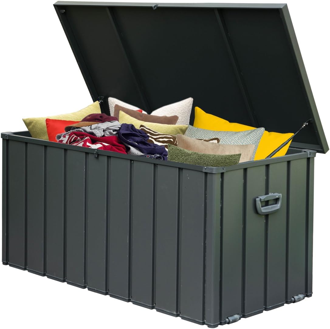 Domi Outdoor Storage Deck Box 120 Gallon, Waterproof Lockable Steel Outdoor Storage Container for Outside Cushions, Garden Tools and Pools Equipment, Gray