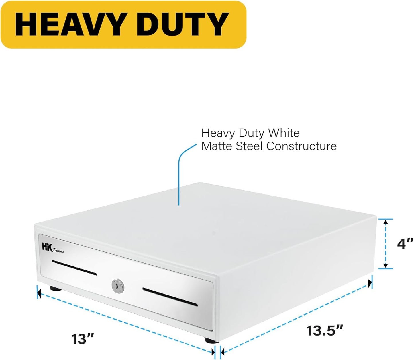 HK SYSTEMS 13inch Heavy Duty Manual Push-Open Cash Drawer with 4Bill/5Coin, Removable Till, "Stainless Steel Front" with Single Large Media Slot,White