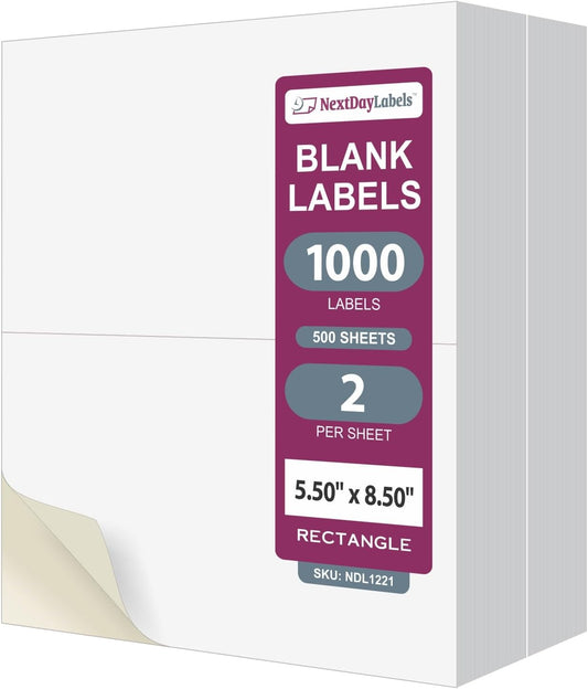 NextDayLabels – 8-1/2" x 5-1/2" Rectangular Sticker Labels for Printer - White Laser/Inkjet Printer Labels Return Address Labels Shipping Label Stickers (500 Sheets, 2 Per Sheet, 1000 Labels)
