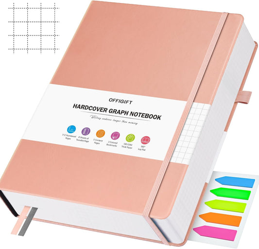 Graph Paper Notebook, 312 Numbered Pages Large A5 Hardcover Leather Journal, 100gsm No Bleed Grid Paper Notebook with Index Pages, Grid Notebook for Graphing Notes Math, 5.75" x 8.38", Pink