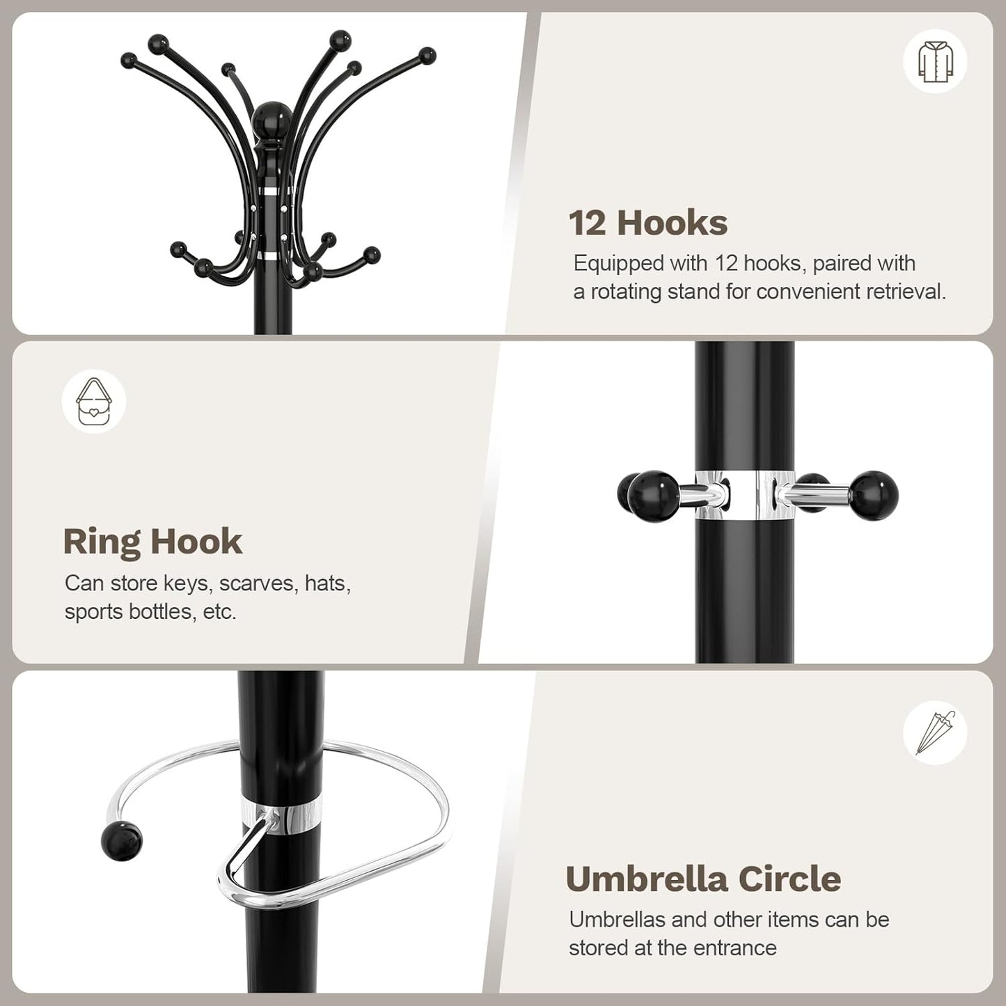 Coat Rack Freestanding with Marble Base, Heavy Duty Clothes Tree with Hooks and Umbrella Storage, Metal Hall Holder for Hanging Jacket, Hats, Scarf, Bag, Suitable for Entryway,Bedroom