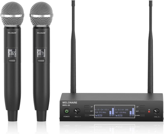 Dual Channel Wireless Microphone System, MELONARE Auto-Scan Professional Cordless Dynamic Mic Set, 260ft Range, 2x100 UHF Metal Wireless Mic for Singing, Karaoke, Church, Wedding, DJ (MWU-20-2H)