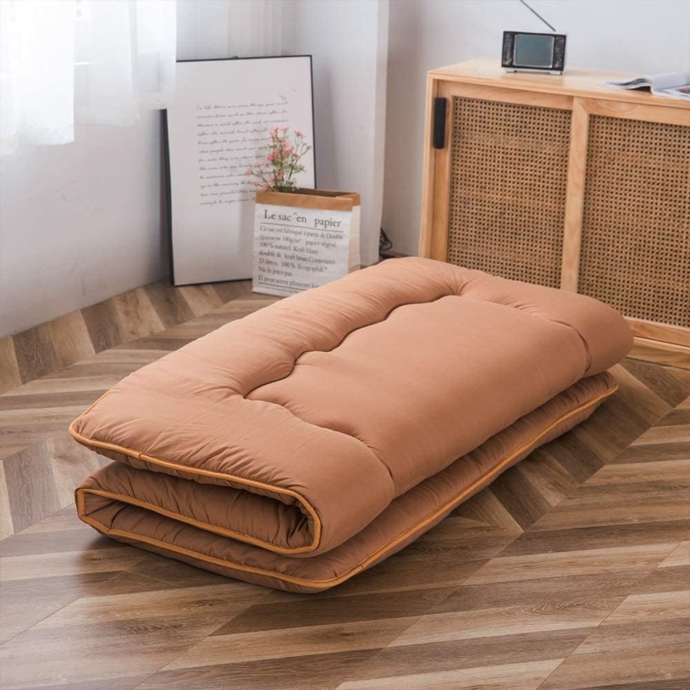MAXYOYO Japanese Floor Mattress Futon Mattress, Thicken Tatami Mat Sleeping Pad Foldable Roll Up Mattress Boys Girls Dormitory Mattress Pad Kids Floor Lounger Bed, Light Brown, Queen Size
