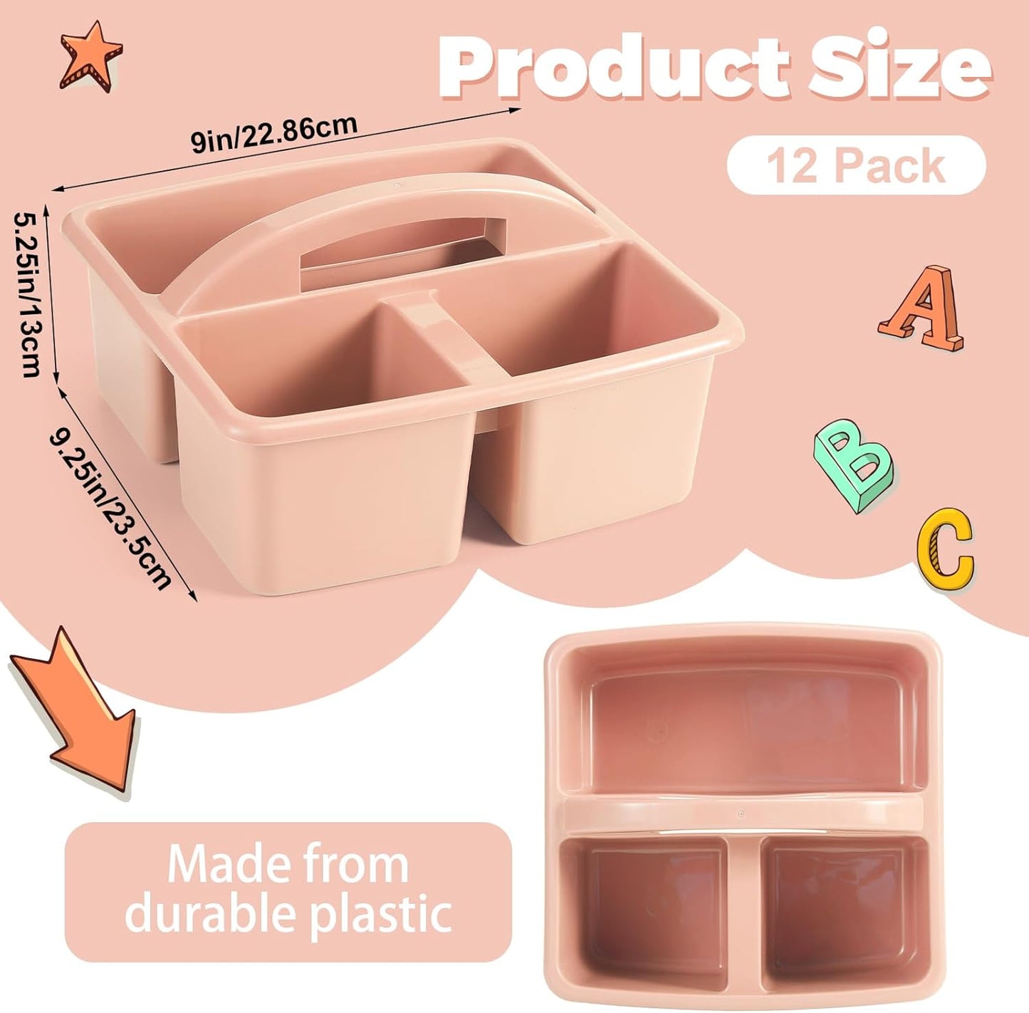 12 Pcs Classroom Caddy with 3 Compartment - Multipurpose Portable Plastic Storage Table Caddies with Handles for School Home Office Organizer(Flesh Pink)