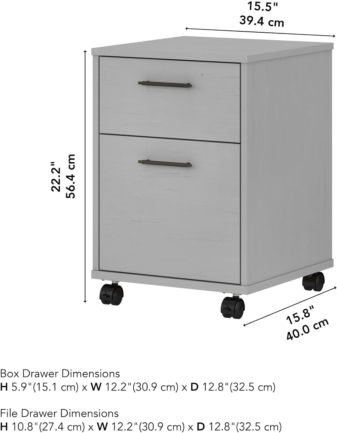 Bush Furniture Key West 2 Drawer Rolling File Cabinet in Cape Cod Gray Mobile Organization for Home Office Small Under Desk Storage on Wheels