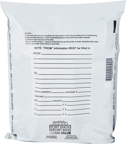 BankSupplies Ultima Value White Deposit Bags 9 x 12 Inches, Pack of 1000, Tamper Evident Tape, Captive Flap Closure, For Transit, Transfer, and Valuables
