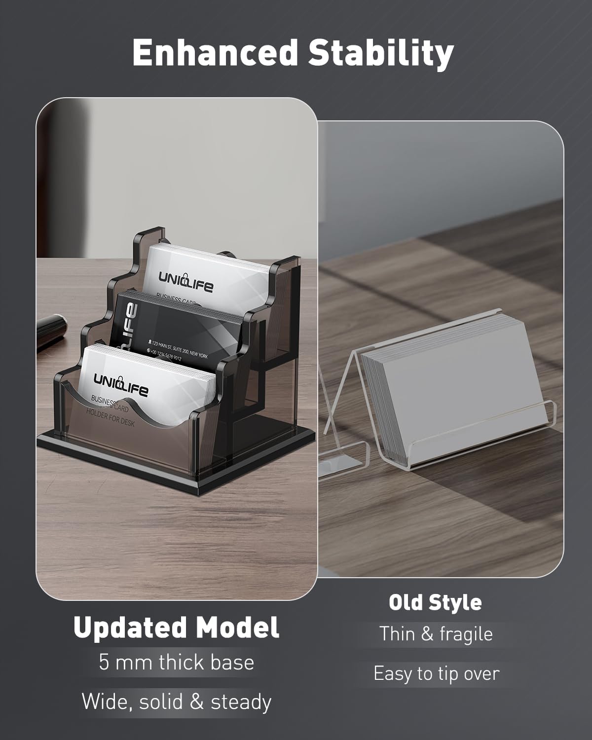 Uniclife Acrylic Business Card Holder for Desk 3 Slots Horizontal Business Card Display Stand for Men and Women Desktop Name Card Organizer Card Stand for Office Home, 180 Card Capacity, Black