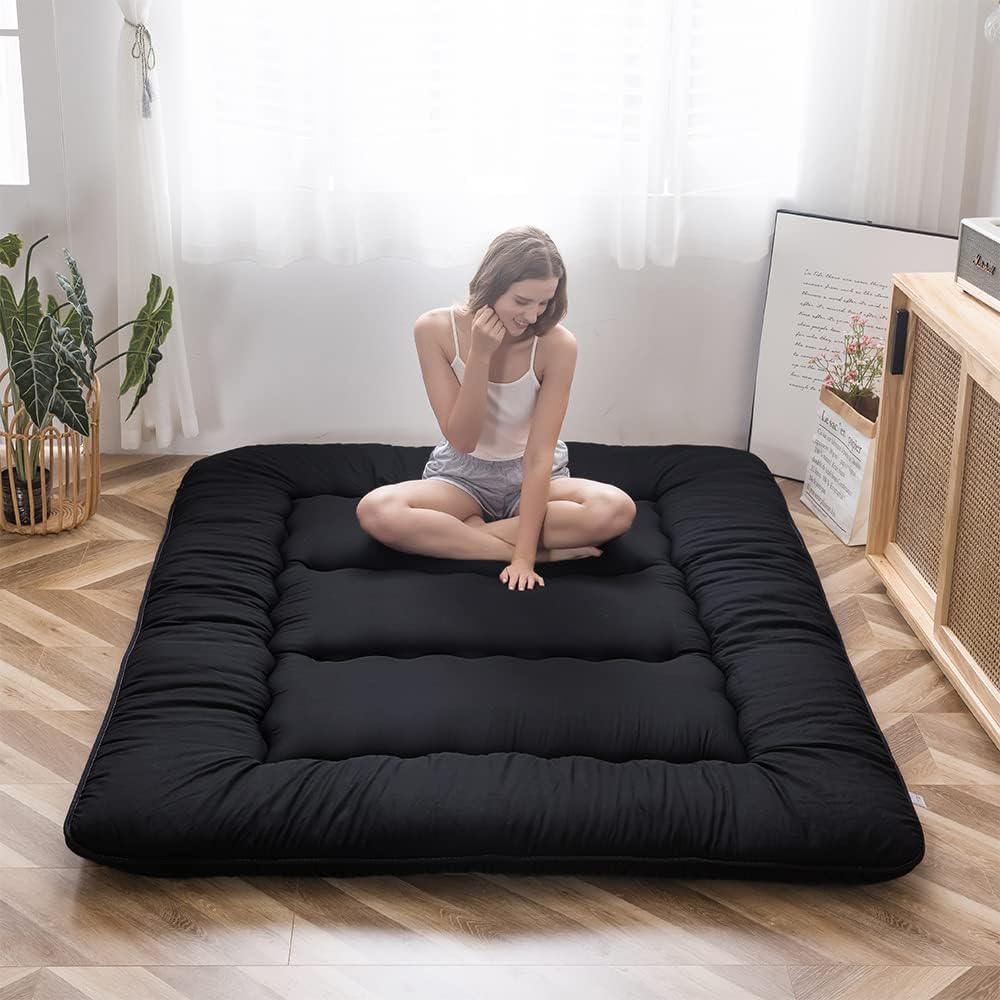MAXYOYO Japanese Floor Mattress Futon Mattress, 4" Thicken Tatami Mat Sleeping Pad Foldable Roll Up Mat Boys Girls Dormitory Pad Kids Floor Lounger Pillow Bed, Black, Full