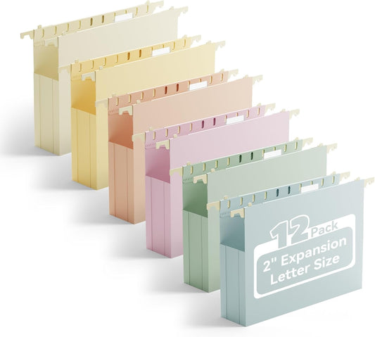 Ansook Plastic Hanging File Folders Letter Size,Heavy Duty 2" Extra Capacity File Folder with Tabs,12 Pack File Cabinet Folders for Documents,Morandi Colored File Folders for Home and Office Bulk File