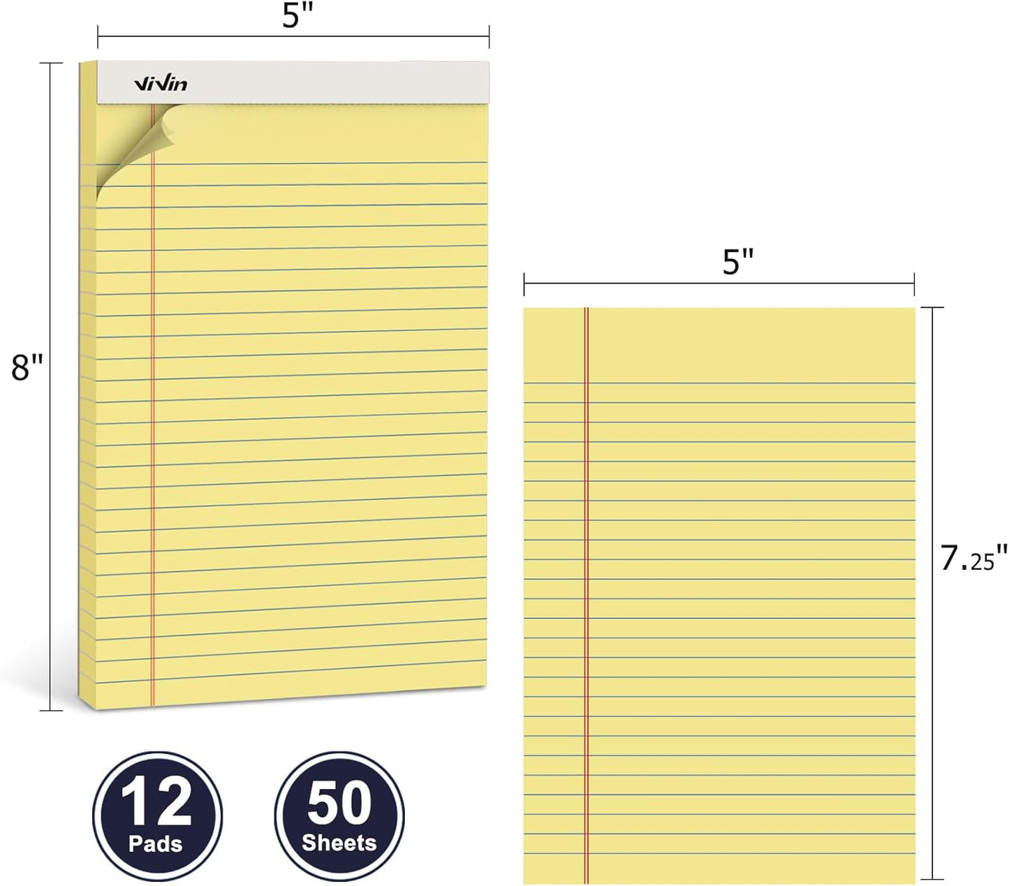 ViVin 5 x 8 Inch Legal Pads, 12 Pack, Narrow Ruled, 50 Sheets Per Writing Pad, Perforated Note Pads Ideal for Home, Office, Business, 600 Sheets, Canary Yellow Paper