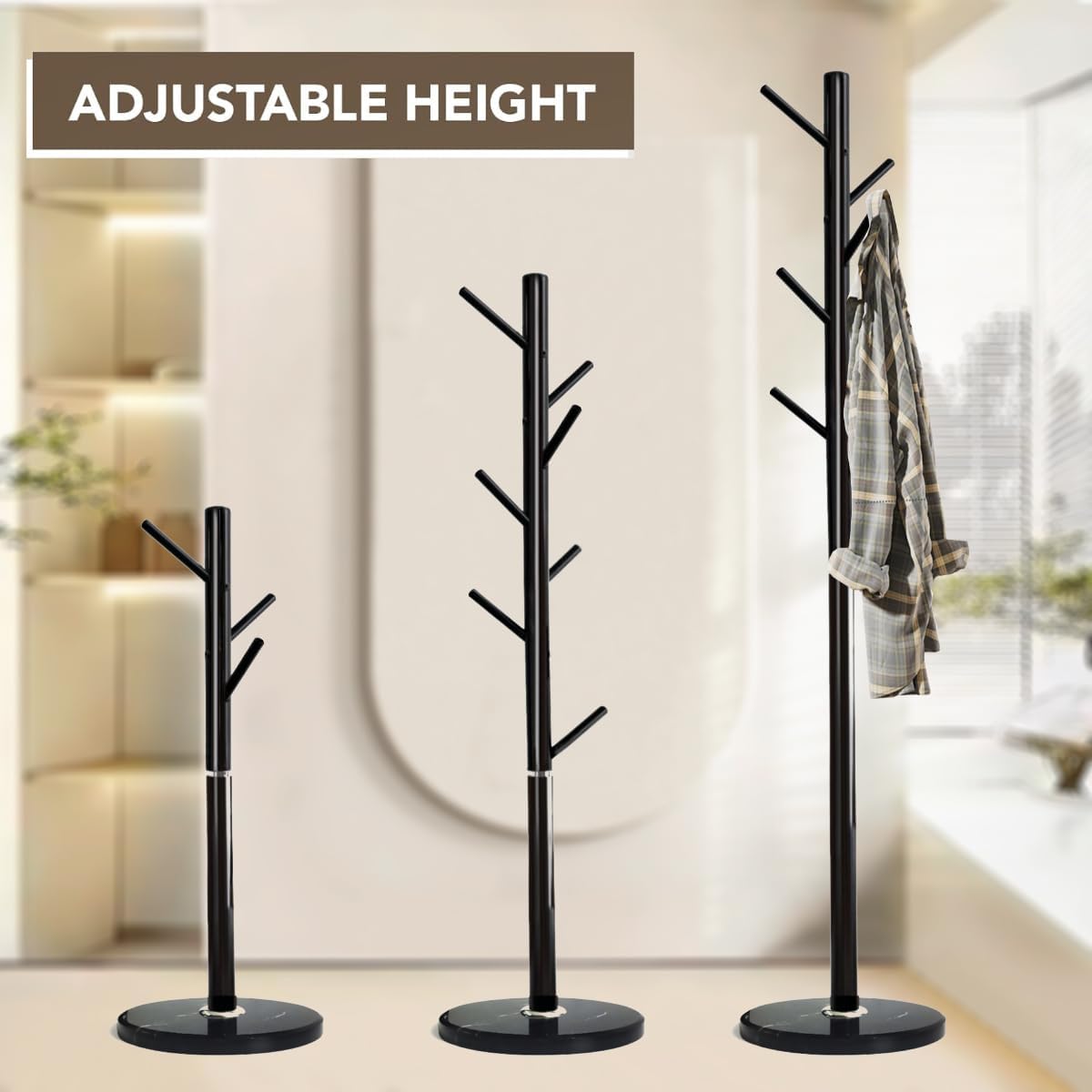Kertnic Modern Coat Rack Freestanding with Natural Marble Base & Sturdy Metal Frame, 7 Hooks Hall Tree for Jackets, Hats, Bags, Entryway Organizer for Bedroom, Living Room, Closet (7 hooks-Black)