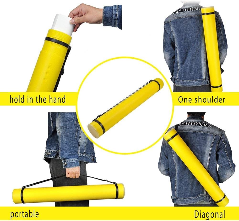 DEWEL Document Tube,Plastic Expanding Poster/Art/Document Storage Tube 24.5 to 40 inches Adjustable with Carrying Strap Waterproof and Light-Resistance Telescoping Carrying Case (Yellow-Large Size)