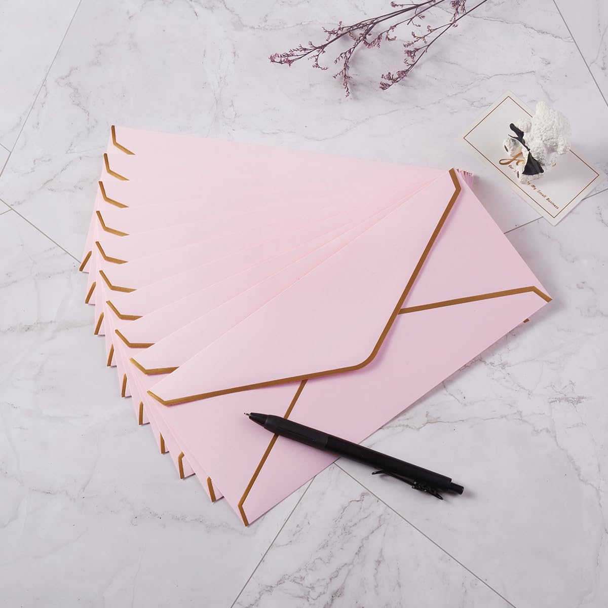 30 Pack Thick #10 Business Envelopes with Gold Border, 4 1/8 x 9 1/2 Thick Paper Standard Envelopes with Stickers for Office, Checks, Letter Mailing, Invoices (Light Pink)