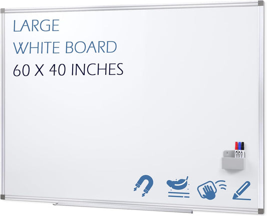SWANCROWN Magnetic Dry Erase Board 60" x 40" Large White Board, with 2.5 cm Thick Aluminum Frame, Long Marker Tray & Magnretic Pen Holder – Whiteboard for Wall, Offices, School, Meeting Rooms