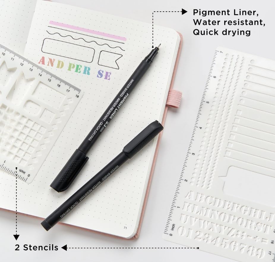 &And Per Se Bullet Dotted Journal Notebook, A5 Leather Hardcover, 176 Numbered Pages 100GSM Thick Dotted Paper, 2 Sheets of Stencils Included - 5.7'' x 8'' (Grey)