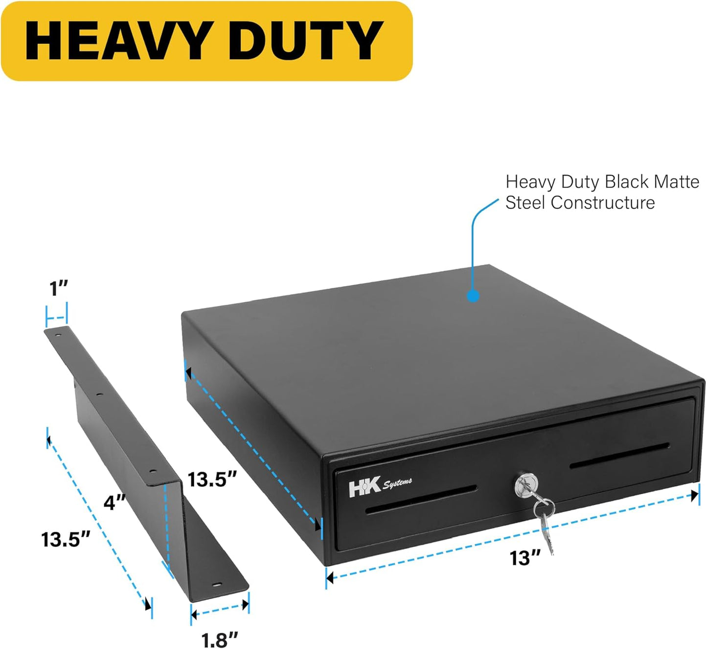HK SYSTEMS 13" Heavy Duty Black "Push" Open Cash Drawer, 4B5C with Under Counter Mounting Metal bracket