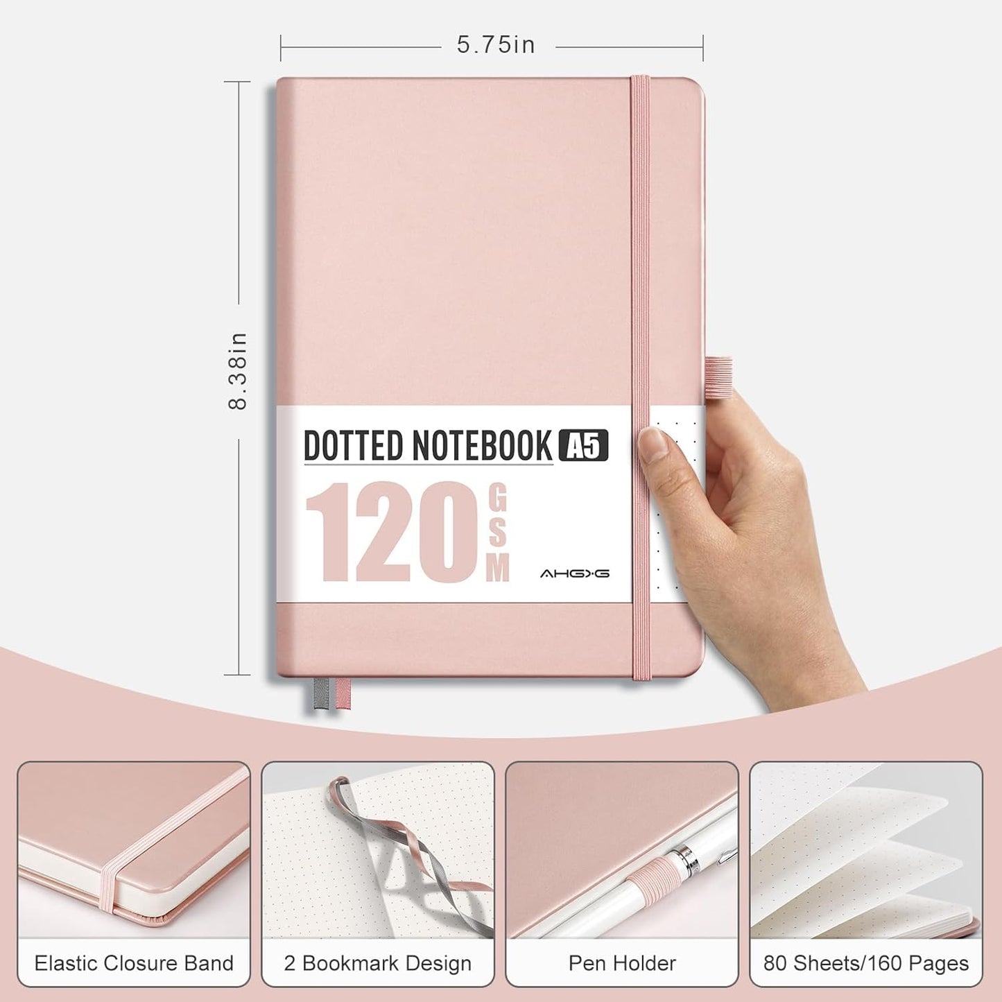 AHGXG Bullet Dotted Journal - Dot Grid Notebook Journal, 120 GSM Thick Acid-Free Paper, A5 Dotted Notebook 160 Pages, Leather Hardcover, Inner Pocket, Journal Stencil, 5.7'' × 8.3'' - Rose Gold