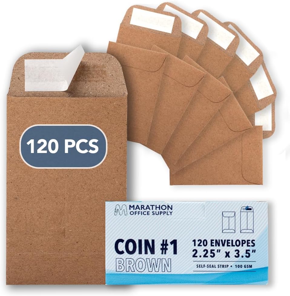 MOS #1 Brown Coin Envelopes 2.25 x 3.5 Inch 120 Pack — Self-Seal Small Kraft Envelopes for Coins, Seeds, Small Parts, Collectibles, Jewelry, Craft Storage
