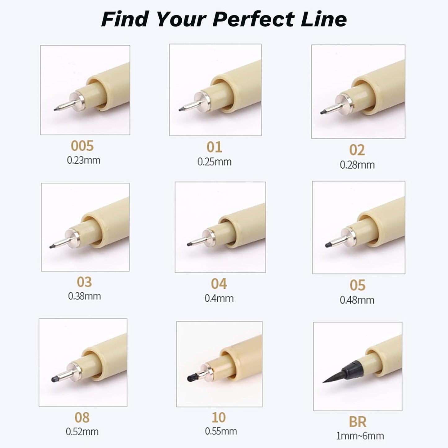 9 Pack Fineliner Drawing Pens – Black Waterproof Micro Line Ink Pens with Assorted Tip Sizes (005 to BR) for Manga, Sketching, Journaling & Technical Illustration