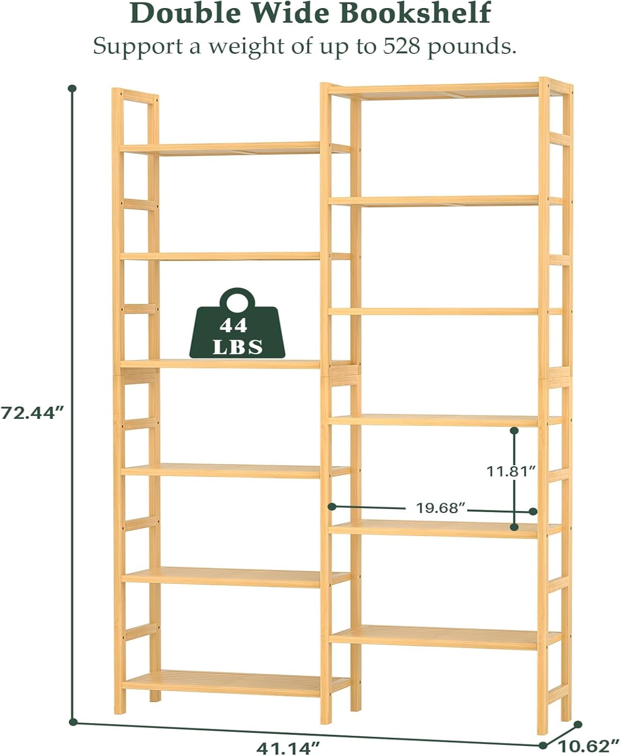 Homykic Double Wide Bamboo Bookshelf, 6-Tier Large Open Bookcase with 12 Display Shelves, 6ft Tall Freestanding Book Shelf for Home Office, Bedroom, Living Room, Plants, Natural
