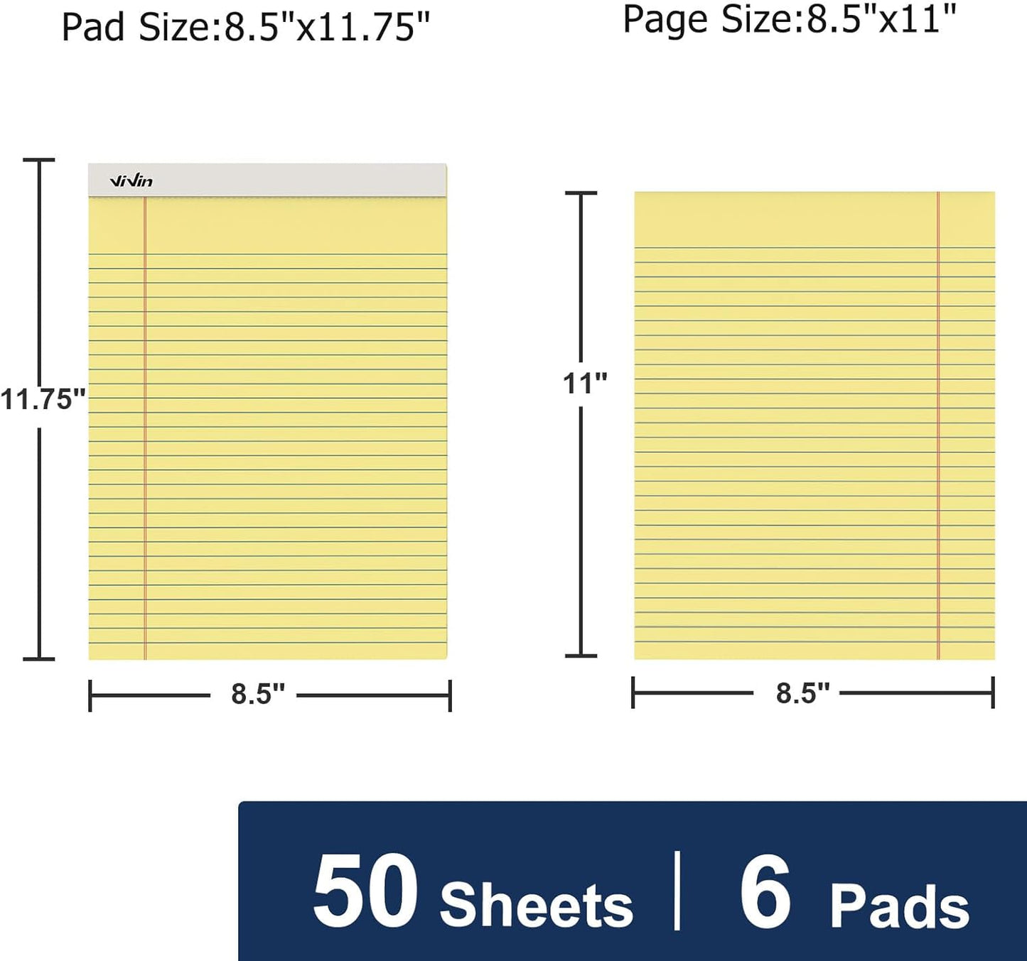 ViVin Legal Pads 8.5 x 11 Inch, Wide Ruled Note Pads, 6 Pack, 50 Sheet/Pad, Notepads for Office Home School, 300 Sheets, Perforated Writing Pads, Canary Yellow Paper