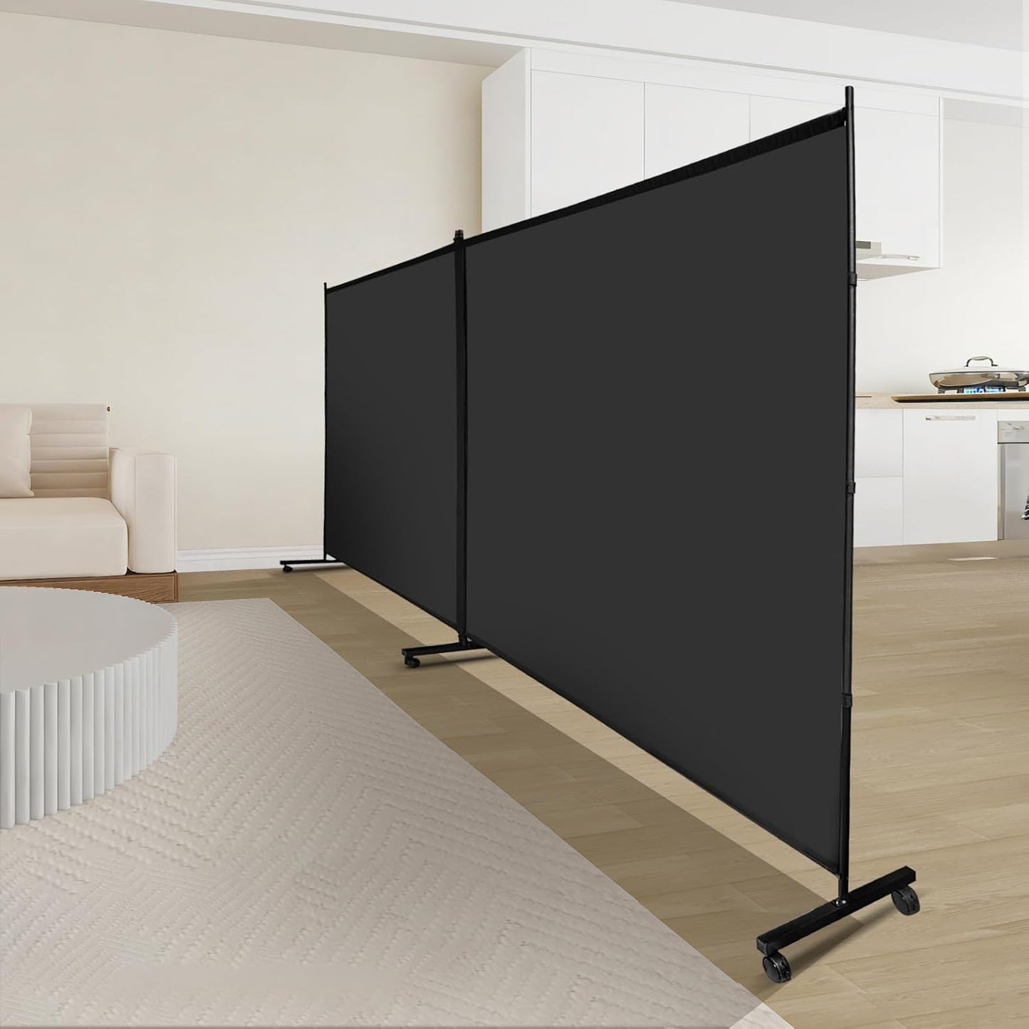 MAYOLIAH Indoor Room Divider 2 Large Panels on Wheels, 142”W x 75”H Rolling Privacy Screen W/Cover Strip, Portable Wall Divider for Home Office Partition, Black