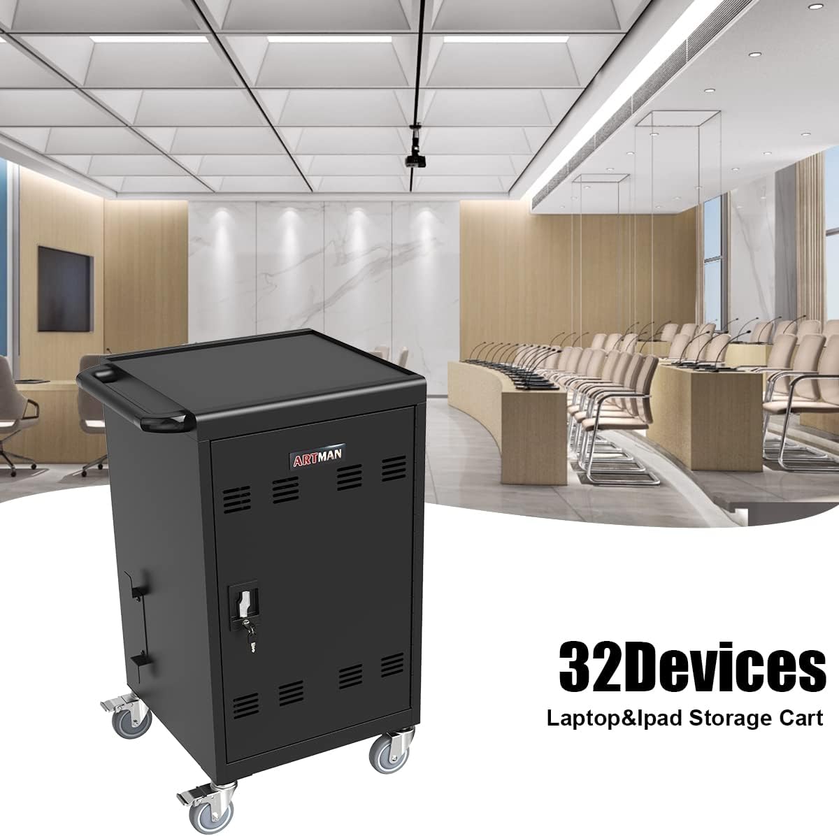 Laptop Charging Cart, 32 Devices Tablet Storage Carts for Ipad up to 16.3" Screen Size, Mobile Charging Station for Classroom, Fast Charging, Security Storage, Easy Use, Black
