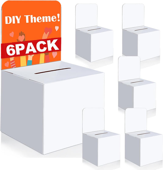 VOISEN Raffle Box,6 Pack Ballot Box with Slot, Donation Boxes for Fundraising,Cardboard Raffle Boxes with Slot and Removable Header for Collecting Business Card Voting Contest (White)
