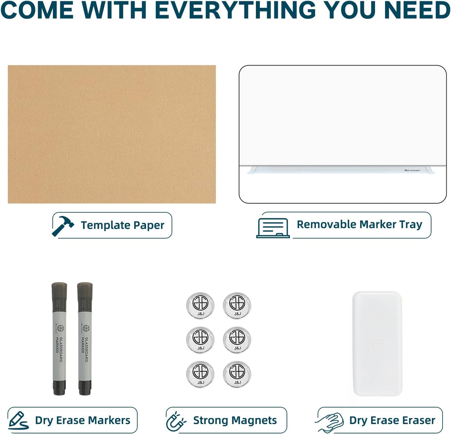 J&J worldwide Glass Whiteboard, Magnetic Brilliance White Glass Dry Erase Board 8' x 4', Includes Markers, Marker Tray, Eraser for Wall, Office, Home, School