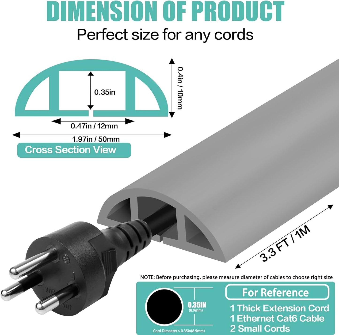 Floor Cord Cover Self Adhesive Cord Hider,3.3FT Cable Management, Extension Strip Protector for Wires, Prevent Cable Trips for Offices, Gyms, Exhibitions Cavity:0.47"(W) x 0.35"(H) Gray