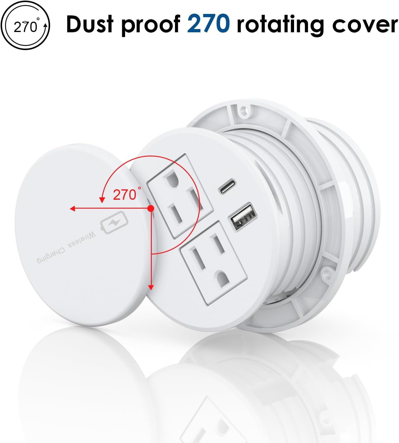 Recessed Power Grommet 3-inch Hole, 15W Wireless Charger, 20W USB C Fast Charging Station,2 AC Plug, Flush Mount Countertop Outlet, Workspace Essential Desk Hole Cover for Cables White