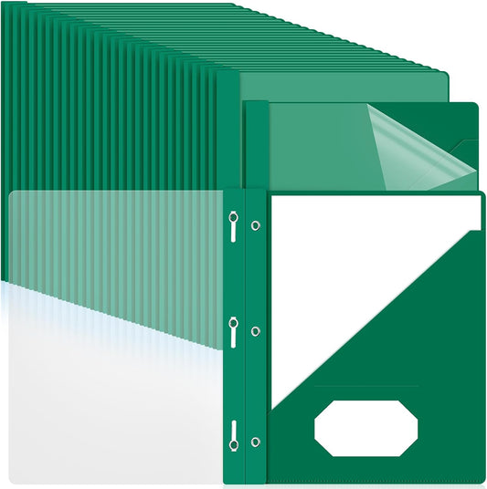 Patelai 48 Pcs Plastic Folders with 2 Pockets and 3 Prongs Home Folders with Card Slot Letter Size Heavy Duty Report Covers for Back to School(Green,Simple Style)