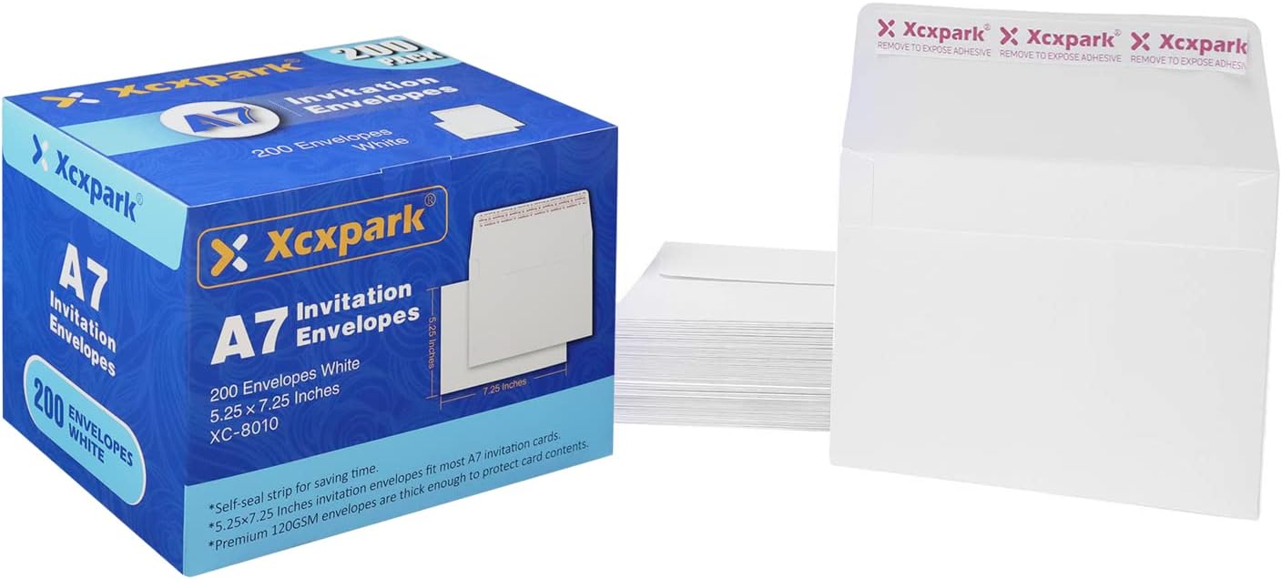 200 Qty Printable A7 Invitation Envelopes 5.25X7.25 inches Cards, Self Seal 120GSM white Paper Envelopes for Invitations, Papers, Photos, Documents, Wedding, Baby Shower, Easy to Seal