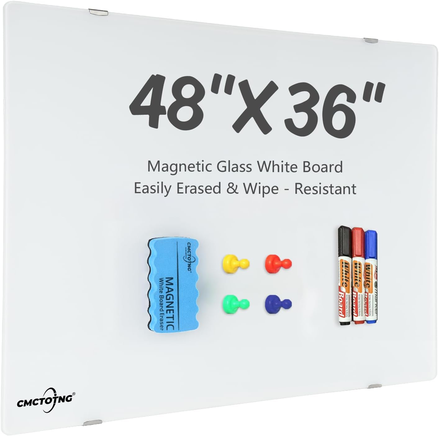 Wall-Mounted Magnetic Tempered Glass White Board Frameless Dry Erase Board Wall Mounted Ideal for Office Classroom School Kitchen and Home，Durable Whiteboard Frameless (48''x36'')